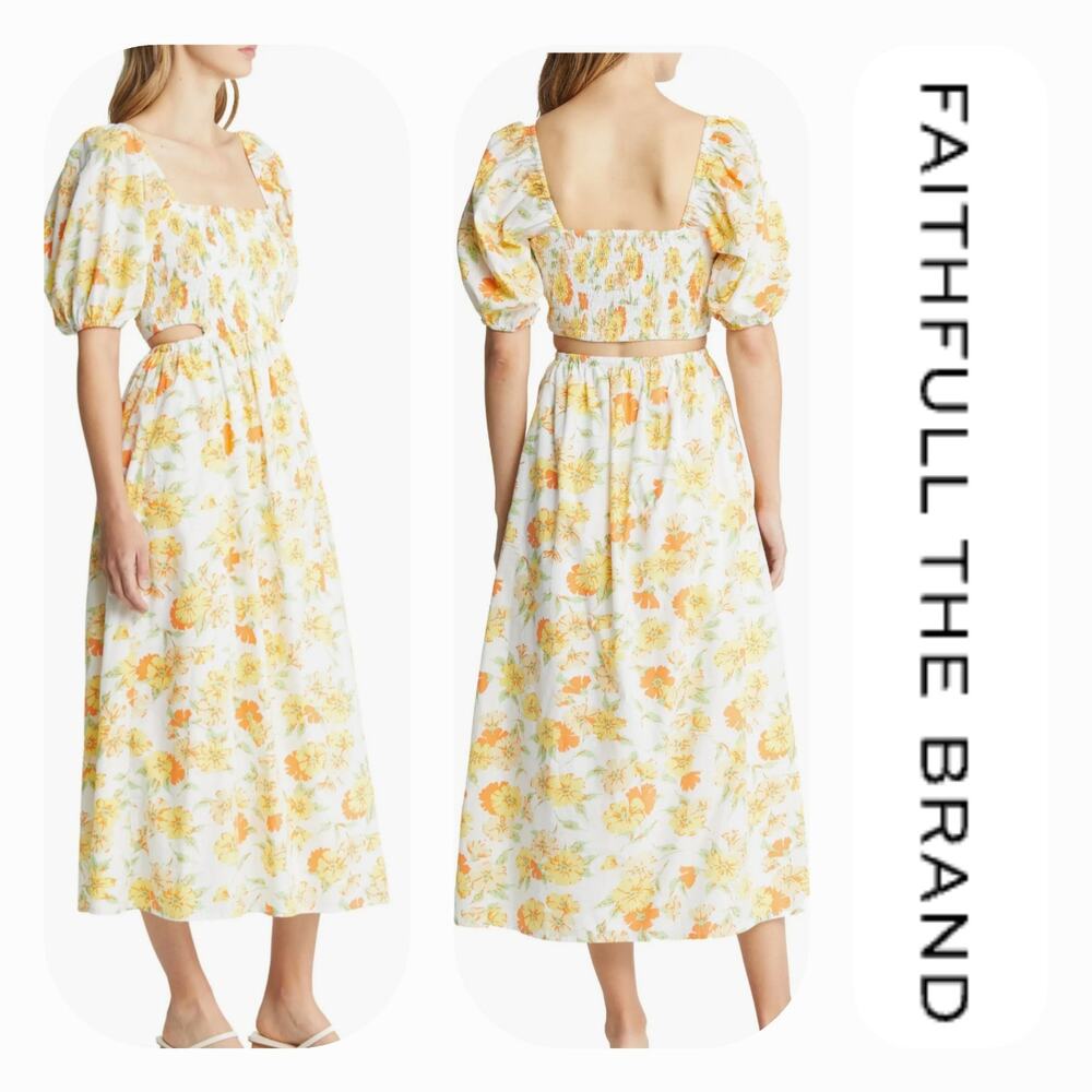 NWT Faithfull the‎ Brand Loucetta Floral Print Midi Dress Sz. 12 White Yellow